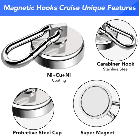 Bad Boy Magnetic Carabiner Hooks, 70 Lbs Hold, 12 Pack, Stainless Steel Swivel Magnets, showing unique features and materials.
