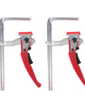 Ratcheting Table Clamp Set For Saw Tracks And Guide Rails Quick Bar Clamps For MFT Tables, two alloy steel red F clamps side by side