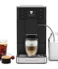 Compact Fully Automatic Espresso And Iced Coffee Maker With One Touch Brewing High Pressure Pump And Rapid Milk Frother - Black machine with drinks.