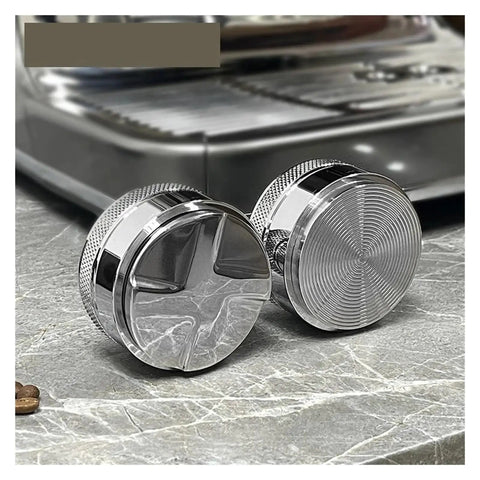 Close-up of Prime Pick 58Mm Espresso Coffee Distributor And Adjustable Palm Tamper Stainless Steel Core With Cushioned Aluminum Grip.