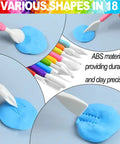 Air Dry Clay Tool Set For Kids And Beginners, showing colorful plastic sculpting tools on blue clay for DIY projects.