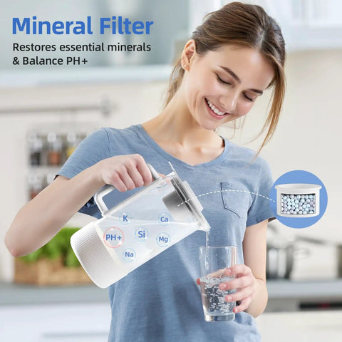 Woman using Countertop Reverse Osmosis Water Filtration System With 6 Stage RO Filtration And Remineralization Glass Pitcher