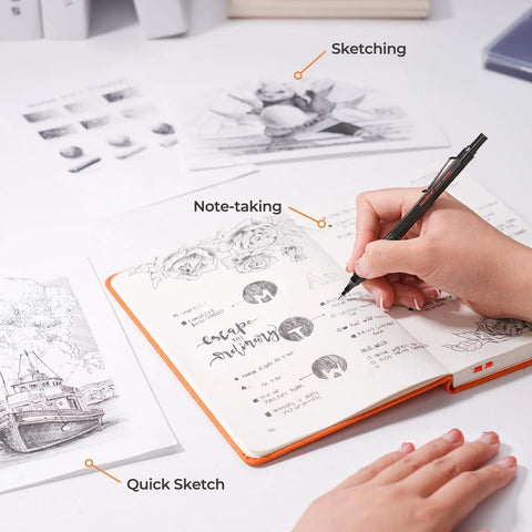 Person using Metal Mechanical Drafting Pencil Set For Sketching And Drawing for sketching and note-taking in a notebook