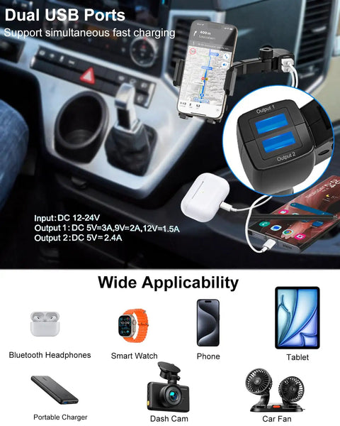 No Sweat Dual Usb Car Phone Mount That Slides Right Into Your Cigarette Lighter Socket For Easy Navigation And Fast Device Charging On Weekend Rides, shown with dual USB ports in car.