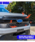 Heavy Duty 12V Dual Trumpet Air Horn Kit With Compressor Pump Delivering Heck Of A Loud 130DB Blast Perfect For Riding Hard In Trucks Cars And Boats close-up on car grille with horn and installation guide.
