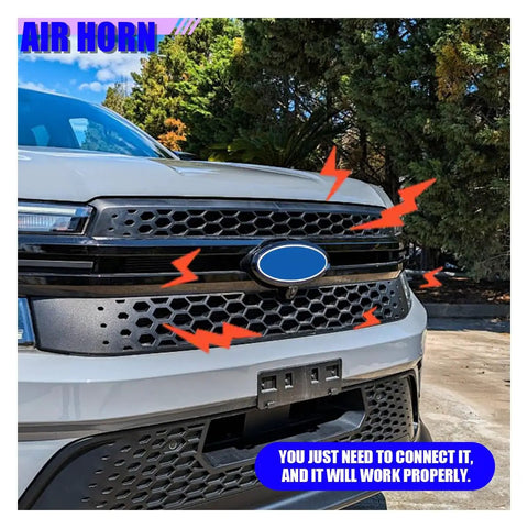 Heavy Duty 12V Dual Trumpet Air Horn Kit With Compressor Pump Delivering Heck Of A Loud 130DB Blast Perfect For Riding Hard In Trucks Cars And Boats close-up on car grille with horn and installation guide.