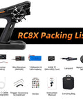 RC8X packing list with 8 Channel 2.4G RC Transmitter, R8FG/R4FGM receivers, LiPo battery, accessories, manual, and carrying bag.