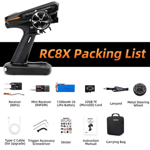 RC8X packing list with 8 Channel 2.4G RC Transmitter, R8FG/R4FGM receivers, LiPo battery, accessories, manual, and carrying bag.