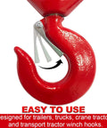 Crane hook, red 5-ton swivel with safety latch, close-up view