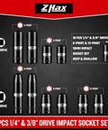 Beefy 10 Piece One Quarter And Three Eighth Inch Drive Impact Socket Set, 10mm, Deep And Shallow, Black Phosphated Finish, CR-MO Steel