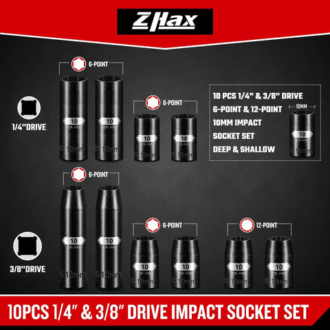 Beefy 10 Piece One Quarter And Three Eighth Inch Drive Impact Socket Set, 10mm, Deep And Shallow, Black Phosphated Finish, CR-MO Steel