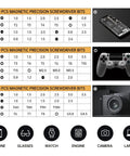 Chart showing 42-In-1 Electric Precision Screwdriver Kit with 40 magnetic bits, phone, controller, and camera illustrations.
