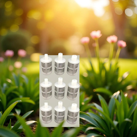 10 Pack White 8mm Household Hose Filters For Water Pumps And Sprayers with garden background