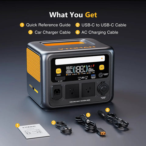600W Portable Power Station With 268.8Wh Lifepo4 Battery And Pure Sine Wave Output, accessories shown, compact size, aluminum shell.