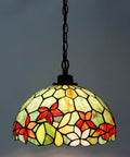 Tiffany Style Stained Glass Pendant Light Plug In Swag Lamp With 32 Inch Chain And 15 Foot Cord For Cozy Dining Room Or Living Room Vibe Red Green Floral Glass Shade 12 Inch Wide hanging illuminated