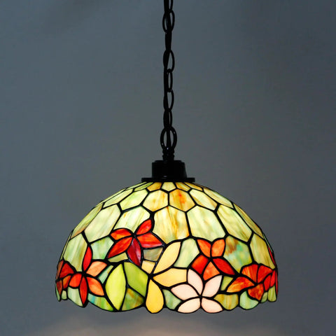 Tiffany Style Stained Glass Pendant Light Plug In Swag Lamp With 32 Inch Chain And 15 Foot Cord For Cozy Dining Room Or Living Room Vibe Red Green Floral Glass Shade 12 Inch Wide hanging illuminated