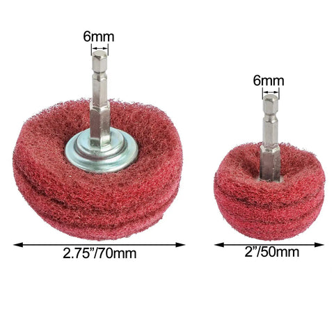 Close-up of red abrasive wheels from Six Piece Non Woven Abrasive Buffing And Polishing Wheel Drill Attachment Set