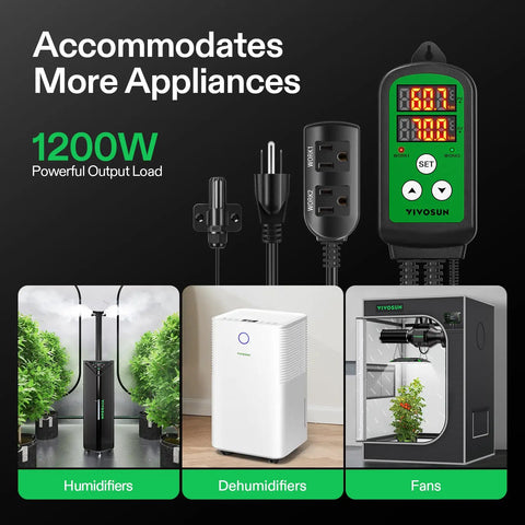 Slick Digital Humidity Controller With Dual Led Displays And Hassle Free Pre Wired 1200W Dual Stage Outlet For Automatic Humidifier Dehumidifier Fan Control In Your Grow Tent Greenhouse Or Home Brew Setup
