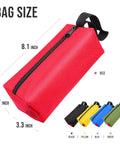 Rugged Five Pack Tool Pouches Set With 1680D Waterproof Fabric in red, highlighting dimensions and assorted colors for easy sorting.