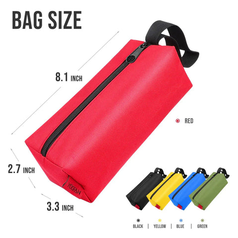 Rugged Five Pack Tool Pouches Set With 1680D Waterproof Fabric in red, highlighting dimensions and assorted colors for easy sorting.