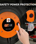 Close-up of Retractable Extension Cord Reel With 45 Ft Heavy Duty 12 AWG 3C SJTOW Cord showing breaker reset button.