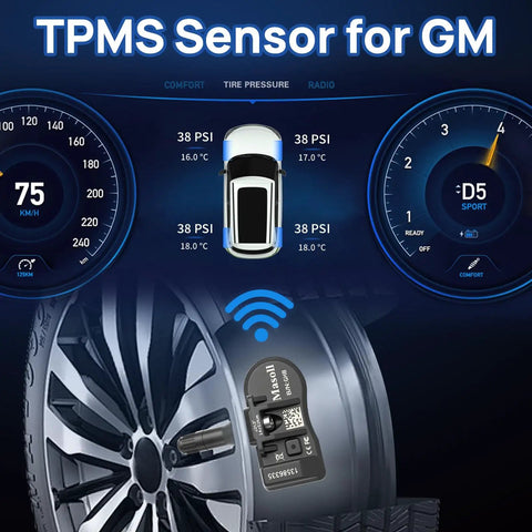 TPMS Sensor for GM Vehicles 4 Pack Fits Chevy Silverado Tahoe Suburban Colorado Impala GMC Yukon Sierra Buick Enclave Envision Encore Cadillac CTS XTS Easy Install Replacement After 2006 tire pressure display