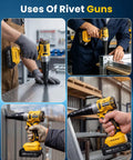 Cordless Rivet Gun Kit 20V Max Battery Brushless Workhorse Pop Rivet Tool demonstrating use on metal sheets and frames.