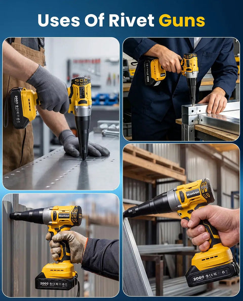 Cordless Rivet Gun Kit 20V Max Battery Brushless Workhorse Pop Rivet Tool demonstrating use on metal sheets and frames.