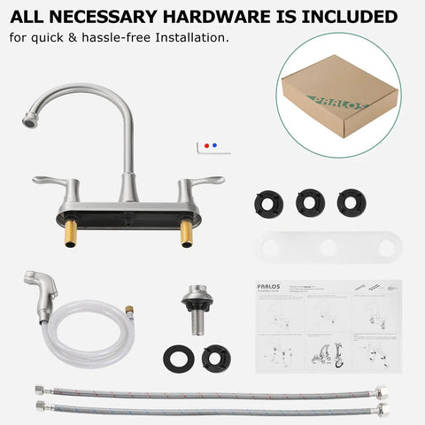 8 Inch High Arc Kitchen Faucet With Dual Handles And Side Sprayer Brushed Nickel 3 Hole Centerset Easy Install shown with parts