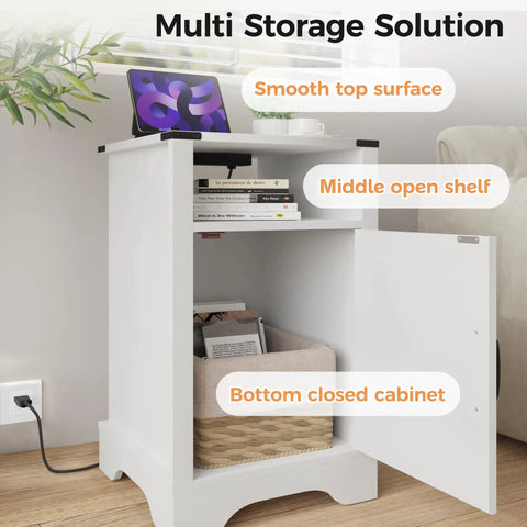 Farmhouse Nightstand Set Of 2 End Table With Charging Station Dual USB Ports Tall Bedside Tables With Large Storage And Shelf Wooden Side Tables For Bedroom And Home Office White with open cabinet showing storage.