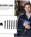 Worker holding Pneumatic Air Rivet Kit with Chisel Bits and Pin Punch Tools for drilling, riveting, and hammering applications.