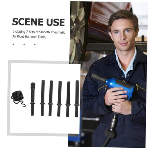 Worker holding Pneumatic Air Rivet Kit with Chisel Bits and Pin Punch Tools for drilling, riveting, and hammering applications.