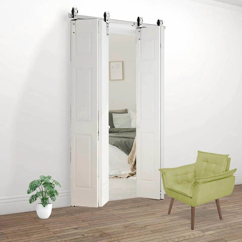 Nickel Plated 72 Inch Double Bifold Sliding Barn Door Hardware Kit for Closet Doors installed in living room