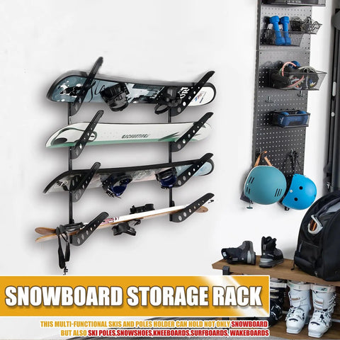 4 Board Snowboard Wall Rack Adjustable Storage for Ski Surfboard Wakeboard Wall Mount Display with Accessory Hooks to Hang Backpacks and Jackets Keep Your Shred Quiver Tidy in the Garage or Living Room Space Saver Black mounted on wall holding snowboards with accessories.