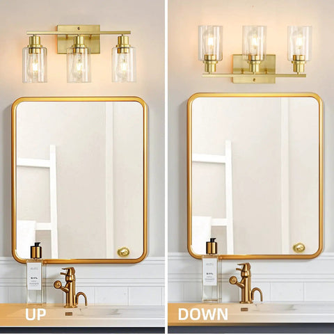 Three-Light Vanity Light With Clear Glass Shades In Brushed Brass Finish Wall Sconce For Bathroom Hallway And Living Areas Modern Farmhouse Style Vibe Easy Install Durable Metal Construction