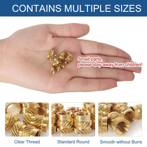Hand holding brass 305 Piece Knurled Threaded Insert Nuts Set For Plastic 3D Printing And Injection Molding Brass Heat Set Inserts M2 To M6 14 Sizes And 6 Bore Options Durable Corrosion Resistant Kit For DIY Folks