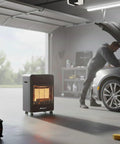 Portable Outdoor Propane Cabinet Heater with 6,000, 12,000, or 18,000 BTU settings in garage with person working on car