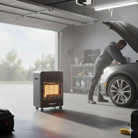 Portable Outdoor Propane Cabinet Heater with 6,000, 12,000, or 18,000 BTU settings in garage with person working on car