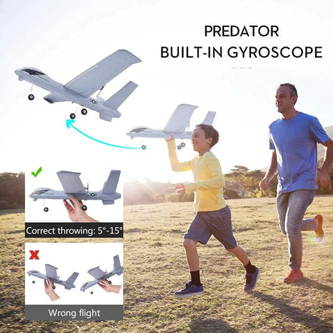 Child and adult launching Beginner Friendly 2.4Ghz RC Plane With 2 Channels, DIY Predator Aircraft, 3-Axis Gyro in a park
