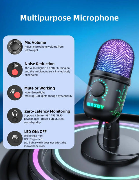 Gaming USB Mic With RGB LED Lights For PC Mac PS4 PS5 Dope Condenser Podcast Mic with noise cancellation and mute button.