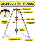 Rugged Confined Space Tripod Rescue Rig Featuring Heavy Duty Winch Choices And Dependable Fall Protection Gear For No Sweat Lifting Jobs In Deep Wells Manholes And Rooftop Sites, showcasing aluminum alloy construction and manual winch.