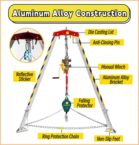 Rugged Confined Space Tripod Rescue Rig Featuring Heavy Duty Winch Choices And Dependable Fall Protection Gear For No Sweat Lifting Jobs In Deep Wells Manholes And Rooftop Sites, showcasing aluminum alloy construction and manual winch.