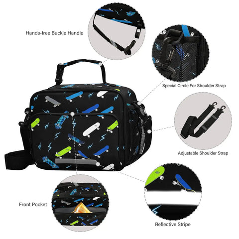 Insulated Lunch Box For Kids And Teens With Skateboard Dope Lightning Bolt Print, Reusable Cooler Tote With Shoulder Strap And Multiple Pockets, Front Reflective Pocket And Mesh Pockets, Measures 9 Inch High By 11 Inch Wide By 4.33 Inch Deep, Great For black skateboard-print lunch bag with shoulder strap, front pocket, and mesh sides
