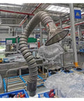 No Sweat Eight Foot Flexible Fume Extraction Arm pulls welding smoke and soldering dust; seen in an industrial workspace.