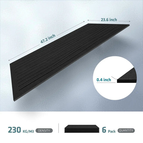 6 Pack Acoustic Wall Panels 47.2 By 23.6 Inches Black Sound Proof Panels displayed with dimensions and density detail.