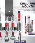 Two Pack Docking Station Wall Mount Storage Brackets for V7 Through V15 vacuums shown with various attachments