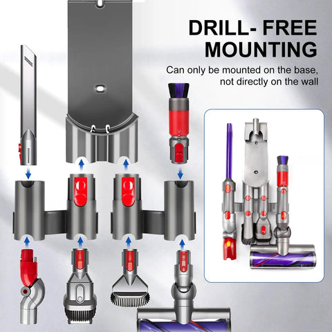 Two Pack Docking Station Wall Mount Storage Brackets for V7 Through V15 vacuums shown with various attachments