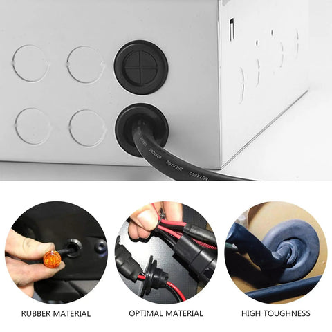 Double Sided Rubber Grommet Kit 36 Pieces Round Hole Plugs For Cable Management And Wire Protection Gear Weather Resistant High Heat Durable Grommets That Shield Wires And Cables In Harsh Environments on panel with cable