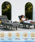 Two grey chaise lounges with Ultra Comfy All Weather Outdoor Chaise Lounge Cushion Waterproof 74.4 Inch Long by 22 Inch Wide by 4.7 Inch Thick With Ties for Poolside Patio Balcony Furniture Grey by a pool, woman lounging on one.