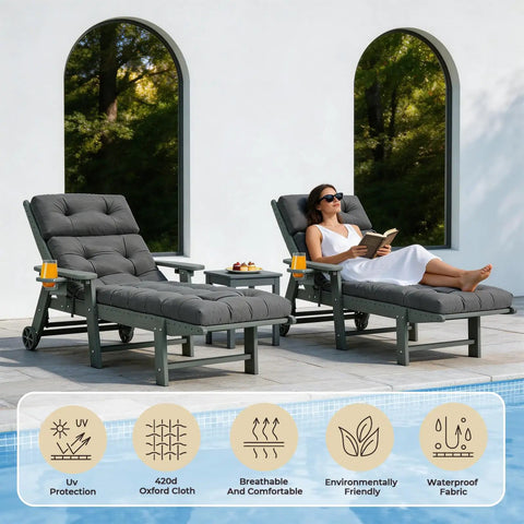 Two grey chaise lounges with Ultra Comfy All Weather Outdoor Chaise Lounge Cushion Waterproof 74.4 Inch Long by 22 Inch Wide by 4.7 Inch Thick With Ties for Poolside Patio Balcony Furniture Grey by a pool, woman lounging on one.